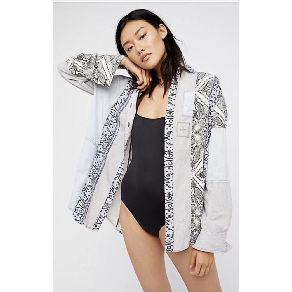 Free People Patchwork Distressed Striped Long Sle… - image 2